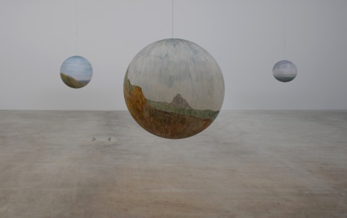 Russell Crotty, installation view at Turner Contemporary. Works left to right: The Cape 2010, ink and gouache on paper on fiberglass sphere, 91.4 cm diameter, courtesy Hosfelt Gallery; Near The Lost Coast 2007, ink and gouache on paper on fiberglass spher