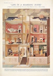 Eric Ravilious, Life in a Boarding House, part of the decoration for his mural at Morley College (joint commission with Edward Bawden and Charles Mahoney), 1929–30 (from The Graphic, 15 March 1930). The girl climbing the stairs is Tirzah.