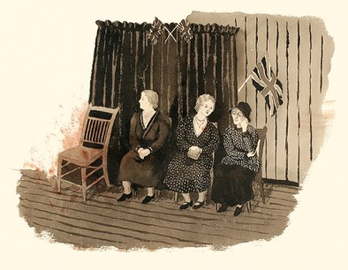 Tirzah Garwood, three ladies in the village hall with Coronation flags, 1937, ink and wash