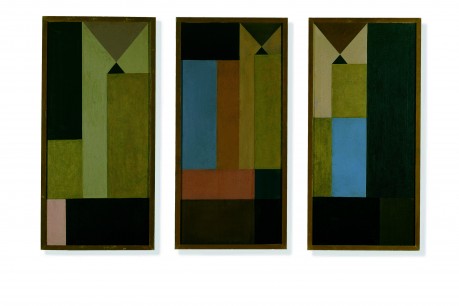 Sophie Taeuber-Arp, Untitled (Triptych),1918. Oil on canvas on board, three panels, left: 112 × 53 cm, centre: 112 × 52.2 cm, right: 112 × 52 cm). Kunsthaus Zurich. Gift of Jean Arp © 2012 Artists Rights Society (ARS), New York/VG Bild-Kunst, Bonn.