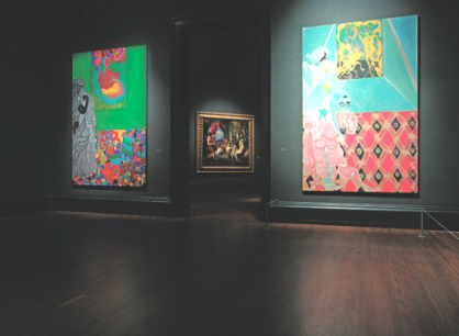 National Gallery installation view of Metamorphoses, showing from left to right: Chris Ofili’s Ovid-Destiny, 2011–12; and Ovid-Desire, 2011–12. © 2012 Chris Ofili. Photograph ©2013 Stephen White. Courtesy the Artist and Victoria Miro Gallery, London