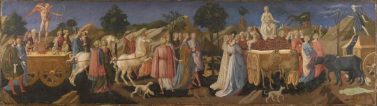 Francesco Pesellino, Triumphs of Love, Chastity and Death, around 1450. Tempera on wood, 45.4 x 157.4 cm.