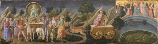 Francesco Pesellino, Triumphs of Fame, Time, and Eternity, around 1450. Tempera on wood, 42.5 x 158.1 cm.