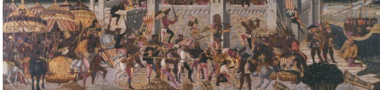 Florentine Painter, The Siege of Naples, 1460s. Tempera and gold on wood, 41.4 x 165.1 cm.