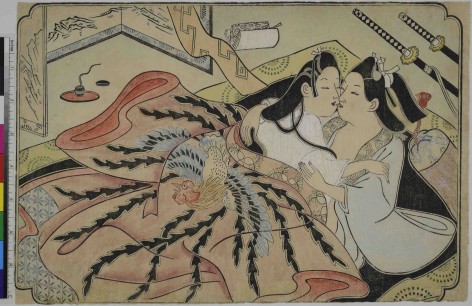 Sugimura Jihei (active 1681–1703), Lovers under a quilt with phoenix design, untitled erotic picture, mid-1680s. Private collection, USA