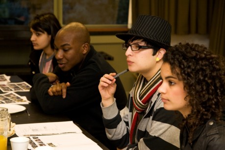 Stories of the World Youth Advisory Panel members, with Sophie Grant-Vaswani in the foreground.