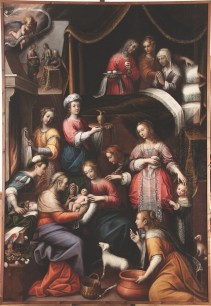 Orsola Maddalena Caccia, The Birth of St. John the Baptist (Nascita di San Giovanni Battista), c.1635. Oil on canvas, 112 1/4 × 77 1/2 in. Parrocchia Sant’Antonio di Padova, Moncalvo, Asti