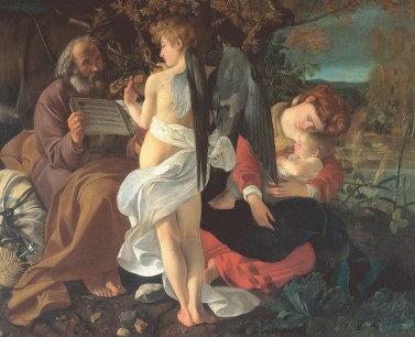 Caravaggio (Michelangelo Merisi da Caravaggio), Rest on the Flight into Egypt (Il Riposo durante la Fuga in Egitto), 1594–6. Oil on canvas, 53 3/8 × 65 1/2 in. Galleria Doria Pamphilj, Rome