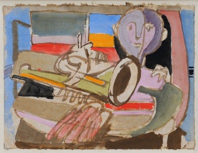 Jankel Adler, Boy with Trumpet (1940s), Watercolour. From the Aukin Collection 17x22cm