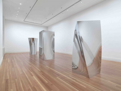 Anish Kapoor, from L to R (all stainless steel): Non-Object (Oval Twist) (2013 ) 250x128x150cm.  Courtesy the artist & Lisson Gallery; Non-Object (Door) (2008) 281.3x118.1x118.1cm.  Courtesy the artist & Gladstone Gallery; Non-Object (Square Twist) (2013)