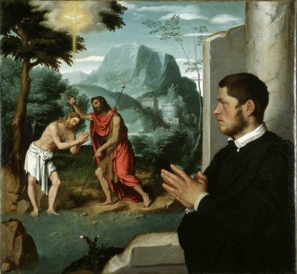 Giovanni Battista Moroni,  A Gentleman in Adoration before the Baptism of Christ, c.1555–60,  Oil on canvas, 112.8x104cm.  Gerolamo & Roberta Etro  Photo: Gerolamo & Roberta Etro