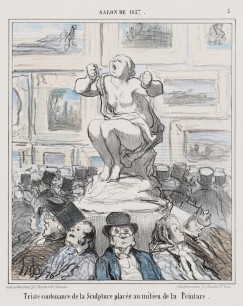 Honoré Daumier, Salon de 1857...Triste Contenance de la Sculpture (22 July 1857), Lithograph, 2nd state, album impression, hand-coloured, 33x24.5cm. Museum of Fine Arts, Boston. Bequest of William Perkins Babcock