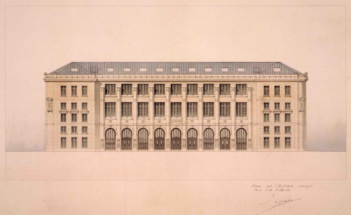 Julien Guadet (1834–1908). New Central Post Office, rue du Louvre, Paris, 1880–6. Main façade, 13 July 1880. Paris, Cité de l’architecture et du patrimoine Centre d’archives d’architecture du XXe siècle.©CNAM/SIAF/CAPA/ Archives du XXe siècle