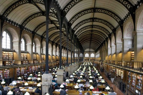 Henri Labrouste (French, 1801–75). Bibliothèque Sainte‐Geneviève, Paris, 1838–50. View of the reading room. Photograph: Michel Nguyen. © Bibliothèque Sainte‐Geneviève/Michel Nguyen