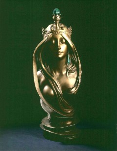 Alphonse Mucha (1860–1939), Nature  (1899–1900). Sculpture of gilded bronze with ornaments of malachite, H 70 cm. Collection Gillion Crowet, Donation of Mr and Mrs Gillion Crowet to Brussels capital region, 2006. Depot at the RMFAB