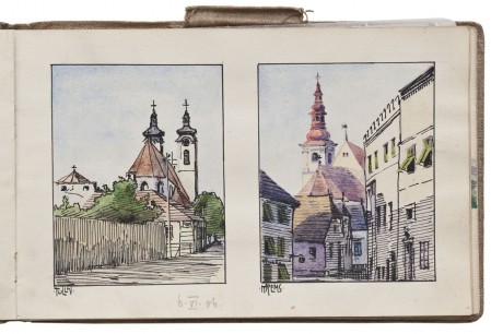 Egon Schiele (aged 16), Sketchbook with cloth binding, summer 1906, 34 pages, 12.8 × 20cm, numerous watercolours and drawings, pencil, ink, and watercolour, private collection. FROM Egon Schiele: The Beginning