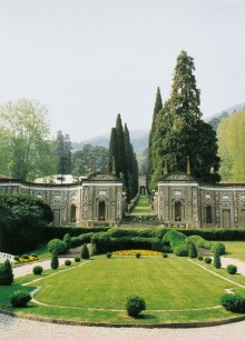 Cypresses line the Renaissance water staircase beyond Pellegrini’s richly decorated nymphaeum