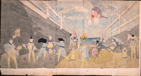 Henry Darger, Untitled (Image of strangled child in sky) (n.d.) watercolor, pencil and carbon tracing on pieced paper, 24 x 45 inches