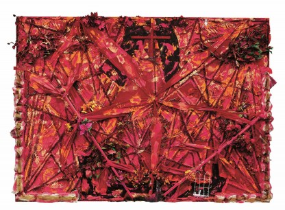 Thornton Dial, Construction of the Victory (1997), artificial flowers and plants, crutches, fabric, clothing, enamel, spray paint and other media on canvas on wood, 83.5 x 114 x 13 inches