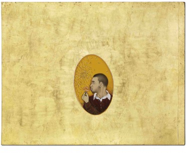 Imran Qureshi, Self-portrait (2009). Gold leaf and gouache on wasli paper, 27x34.5cm. Ali and Amna Naqvi Collection, Hong Kong © Imran Qureshi, Courtesy Corvi-Mora, London