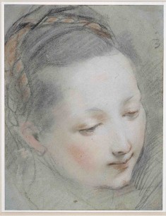 Federico Barocci (1533–1612), Head of the Virgin Mary, black, white and red chalk with pink and orange-peach pastel on blue paper, made up in  all four corners, laid down, 29.9 x 23 cm The Royal Collection 5231 © 2013, Her Majesty Queen Elizabeth II