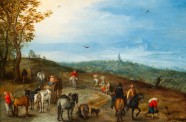 Jan Bruegel the Elder (1568–1625), An Extensive Landscape with Travellers on a Road.  Oil on copper, 17.8 x 27.2 cm Signed and dated 1608. David Koetser Gallery