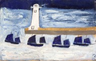 Alfred Wallis, Four Luggers and a Lighthouse, c.1928, Oil on card, 16.5 x 26 cm