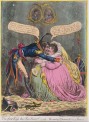 James Gillray (1757–1815) The First Kiss in Ten Years! or The Meeting of Britannia & Citizen Francois 1803. Hand-coloured etching with aquatint 35.5x25.2cm © Courtesy of the Warden & Scholars of New College, Oxford/Bridgeman Images