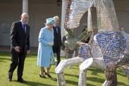 HM The Queen 'meeting' some of Tom Hiscocks' sculptures, a recreation of the Queen's Beasts