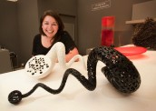 Polly Putnam, Assistant Curator of Decorative Arts at Leeds Museums & Galleries with Amalthea, 2011 by Michael Eden, © The artist / Photo: Mark Crick