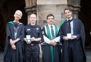 Muriel Gray, Chair of the Governors of the GSA, Craig Rider of the Scottish Fire and Rescue Service, Professor Tom Inns, Director of the GSA and Alex Kuusik winner of the 2014 Newbery Medal