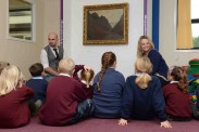 Pupils at Onny School, Shropshire learn about Le chemin creux dans la falaise à Varengeville, 1882. by Claude Monet (1840–1926,) , lent by  The New Art Gallery Walsall