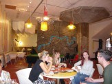 Some of the volunteers relax with a drink in the Southbank Village, under the Queen Elizabeth Hall