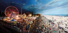 Stephen Wilkes, Coney Island, Day To Night, 2011. Digital C-print, 40 x 80 inches Courtesy Monroe Gallery of Photography