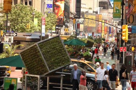 Patricia Leighton and Del Geist. Looking towards Times Square, elevated cubes, growing vegetation and steel, 10.6 ft x 5 ft., x 5 ft. Photo: Laurentiu Garofeanu