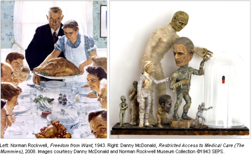 Norman Rockwell, Freedom from Want (1943) & Danny McDonald Restricted Access to Medical Care (The Mummies) (2008). Courtesy D. McDonald & N. Rockwell Museum