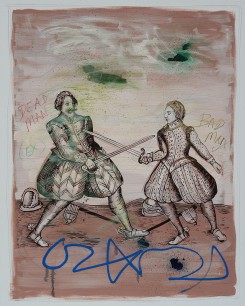 David Godbold, Untitled (Duellists with green clouds), 2015, acrylic, synthetic polymer, oil, oil stick, ink and crayon on canvas, 150x120cm