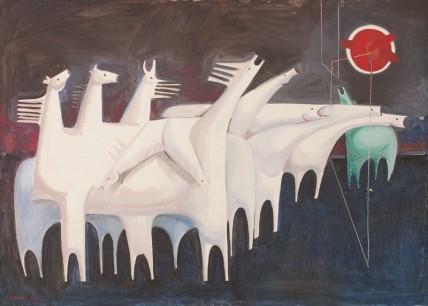 Kadhim Hayder, Fatigued Ten Horses Converse with Nothing (The Martyrs Epic), (1965), Oil on canvas, 95x130x3.5 cm, Barjeel Art Foundation, Sharjah