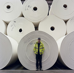 Apprentice Nicholas Clarke in the Mother Reel storage bay at SCA Prudhoe Mill in Northumberland. Photo by Lucy Carolan/Wideyed