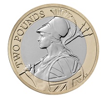 Britannia as she appears on the new £2 UK coin. Design by Anthony Dufort
