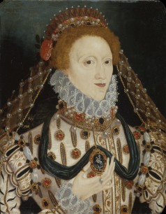 Anonymous 16th-century British artist , Queen Elizabeth I (1533–1603) Reigned 1558–1603 (Oil on panel 53.5 x 42 cms) © Crown Copyright: UK Government Art Collection. Selected by Lord Mandelson
