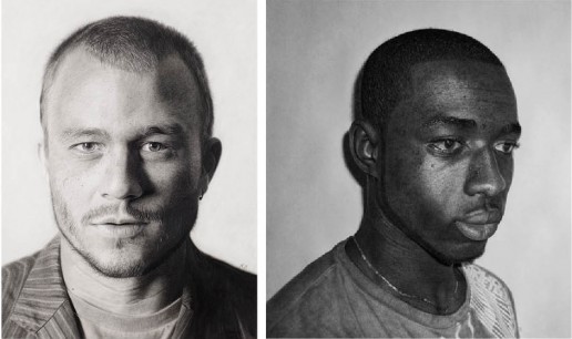 Kelvin Okafor, Heath Ledger (left) and 'The Undeviating' (right). Images © Mall Galleries 2013. All rights reserved.