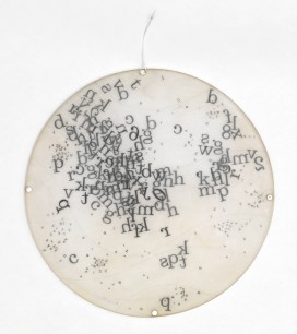 Mira Schendel (1919–88)  Untitled (Disks) (1972), Letraset, graphite on paper and transparent acrylic support: 270x270x7mm on paper, unique Lent by the American Fund for the Tate Gallery 2007  © Mira Schendel estate