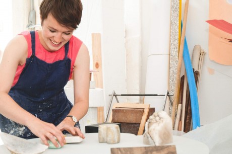 A visual arts student, Lotti V Closs, working in the studio at West Dean College