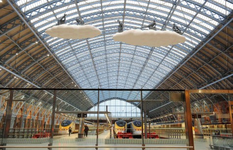 Lucy + Jorge Orta, Cloud: Meteoros, St Pancras Station, London, UK. Note the figures visible on top of the clouds