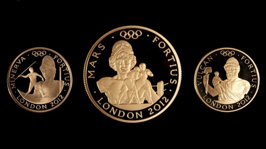 The 'Stronger' set of three gold coins designed to commemorate the Olympics. Courtesy The Royal Mint