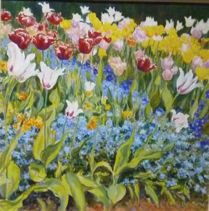 Maria Bell-Salter, Tulips and Forget-me-nots. Oil on linen 75x75cm