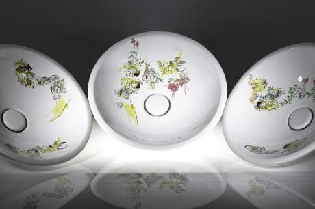 Three of the 100 limited edition basins, each with a unique design. © Ebon Heath and Villeroy & Boch