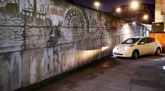 Part of Moose's mural, created by cleaning away accumulated dirt. The Nissan Leaf car battery provided the power for his jet washer