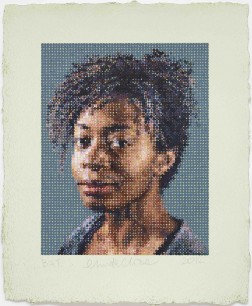 Chuck Close, Kara/Felt Hand Stamp  2012  Oil paint on handmade, Twinrocker/Hot Press paper with Feature Decal  Paper 186.7 x 70.5 cm  Image size: 59.5 x 48.3 cm  © Chuck Close  Photo: Donald Farnswoth, Magnolia Editions, Oakland, CA  Courtesy Pace Gallery